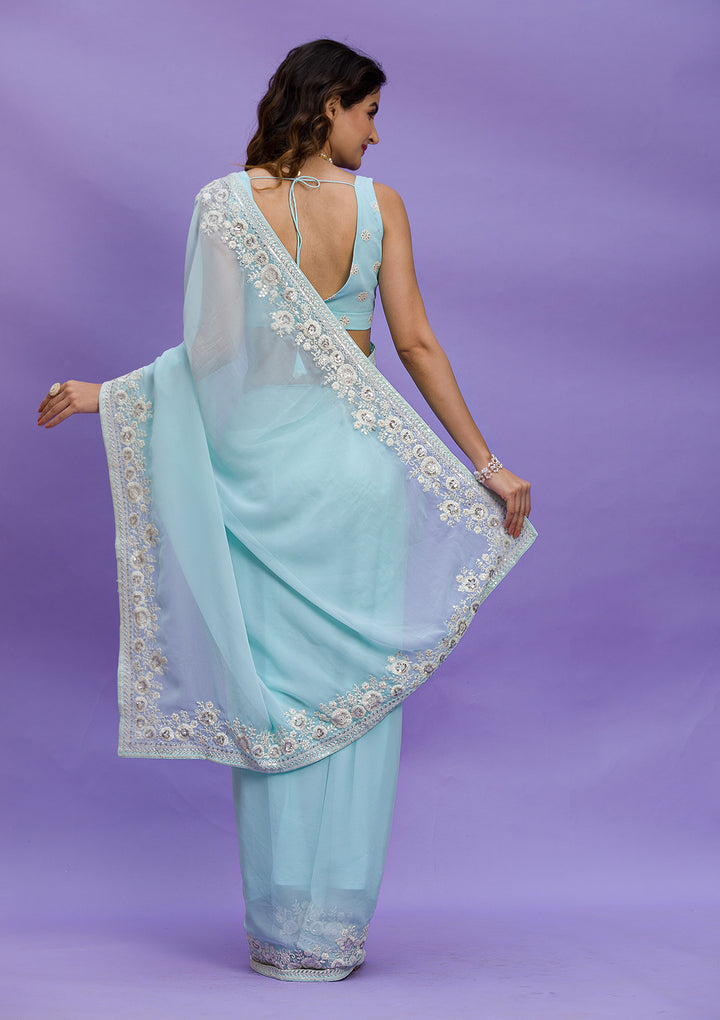 Sky Blue Georgette Sequins Saree With Matching Blouse Piece