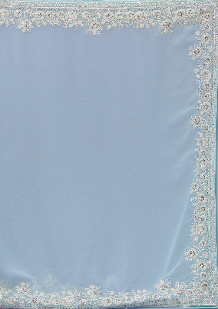 Sky Blue Georgette Sequins Saree With Matching Blouse Piece