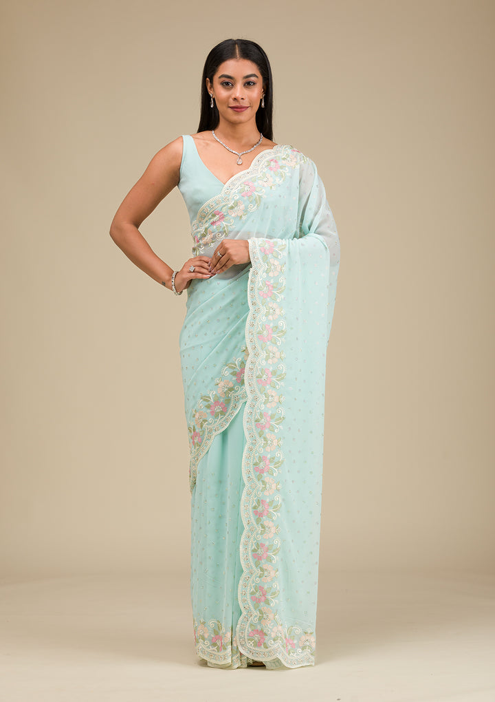 Sky Blue Georgette Threadwork Saree With Matching Blouse Piece