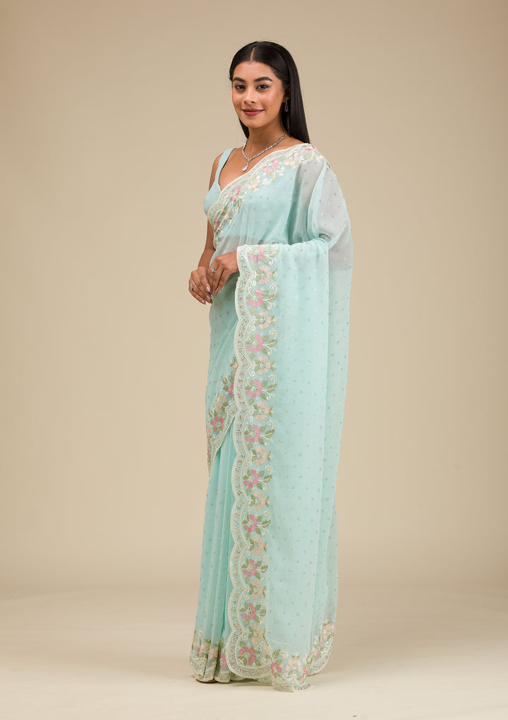 Sky Blue Georgette Threadwork Saree With Matching Blouse Piece