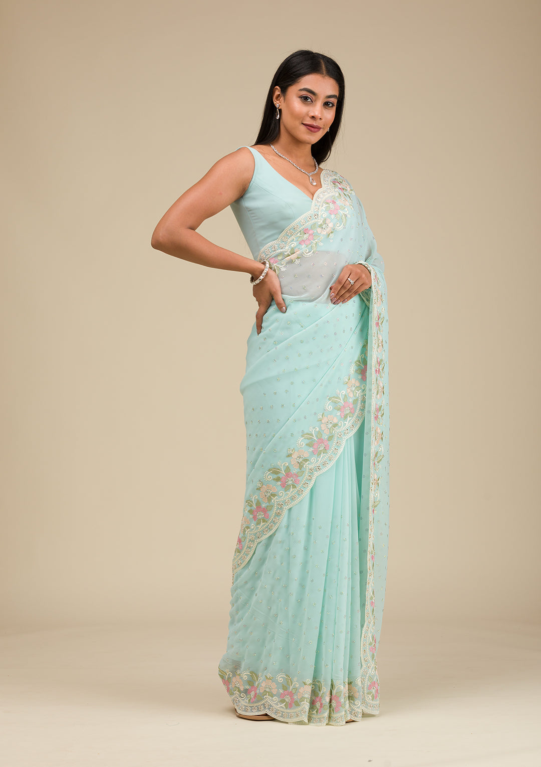 Sky Blue Georgette Threadwork Saree With Matching Blouse Piece