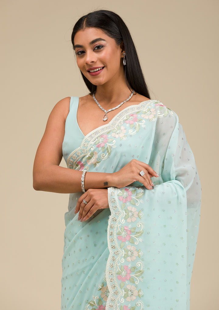 Sky Blue Georgette Threadwork Saree With Matching Blouse Piece