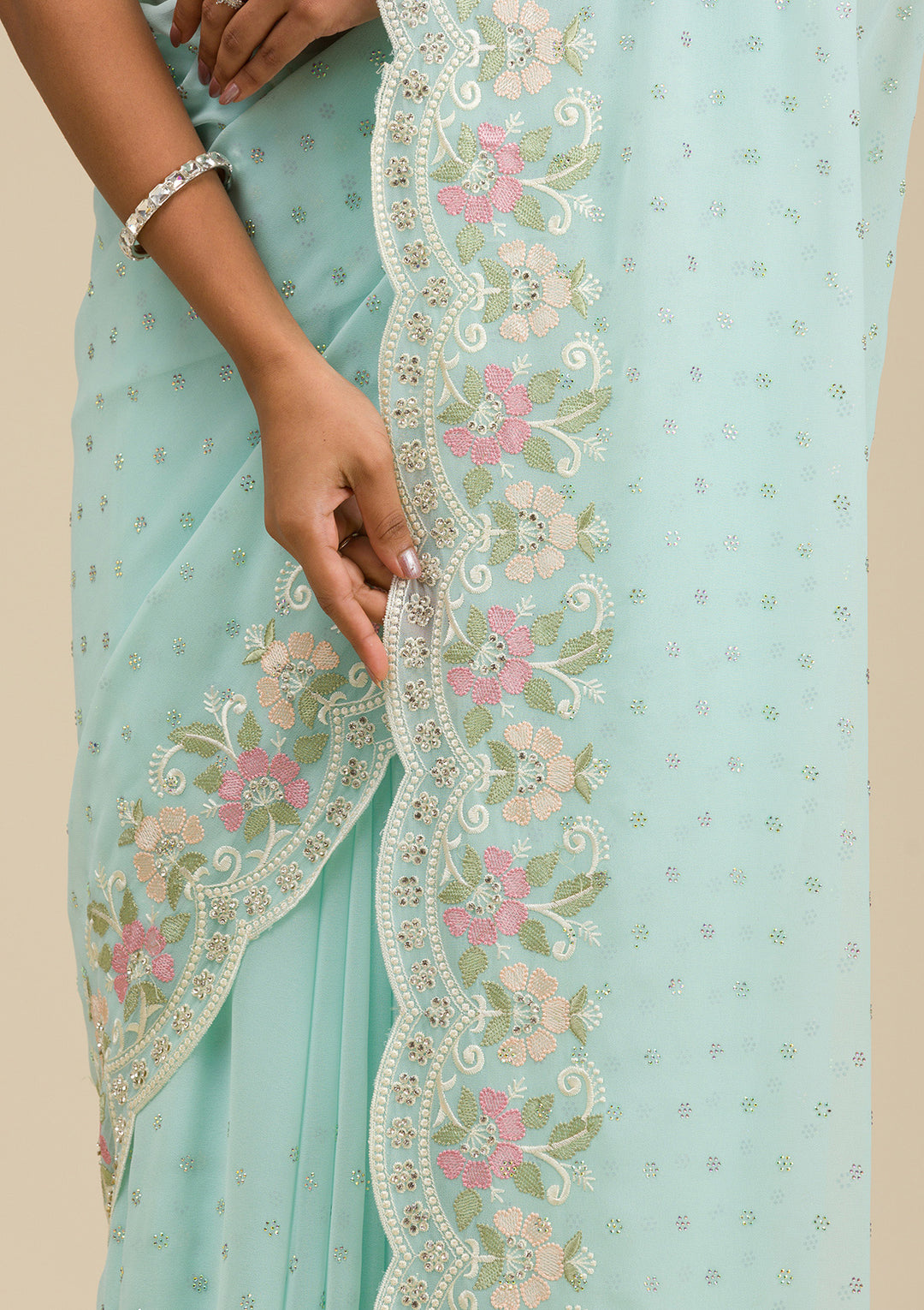 Sky Blue Georgette Threadwork Saree With Matching Blouse Piece