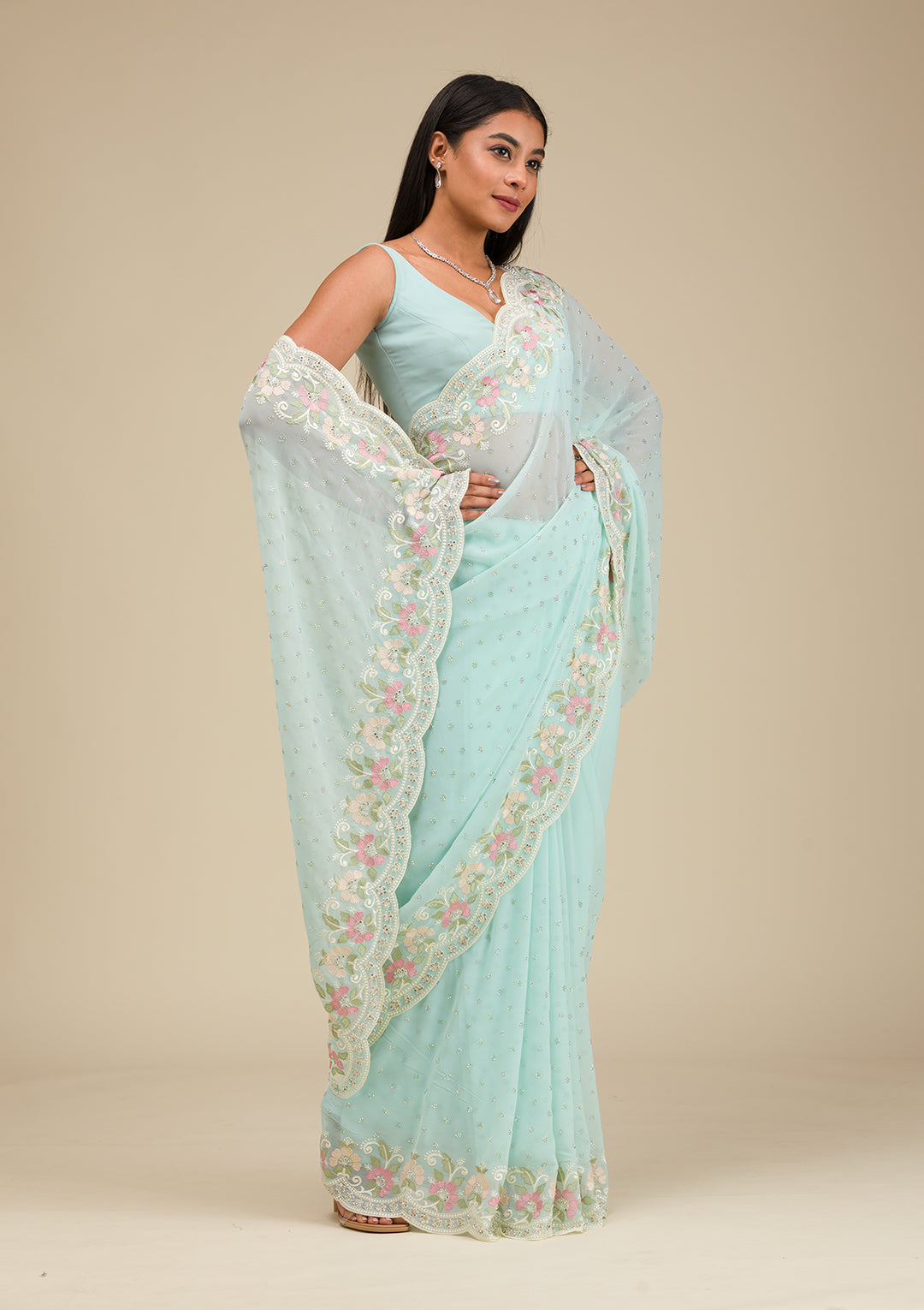 Sky Blue Georgette Threadwork Saree With Matching Blouse Piece