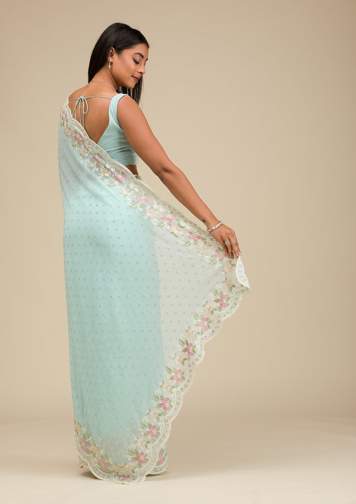 Sky Blue Georgette Threadwork Saree With Matching Blouse Piece