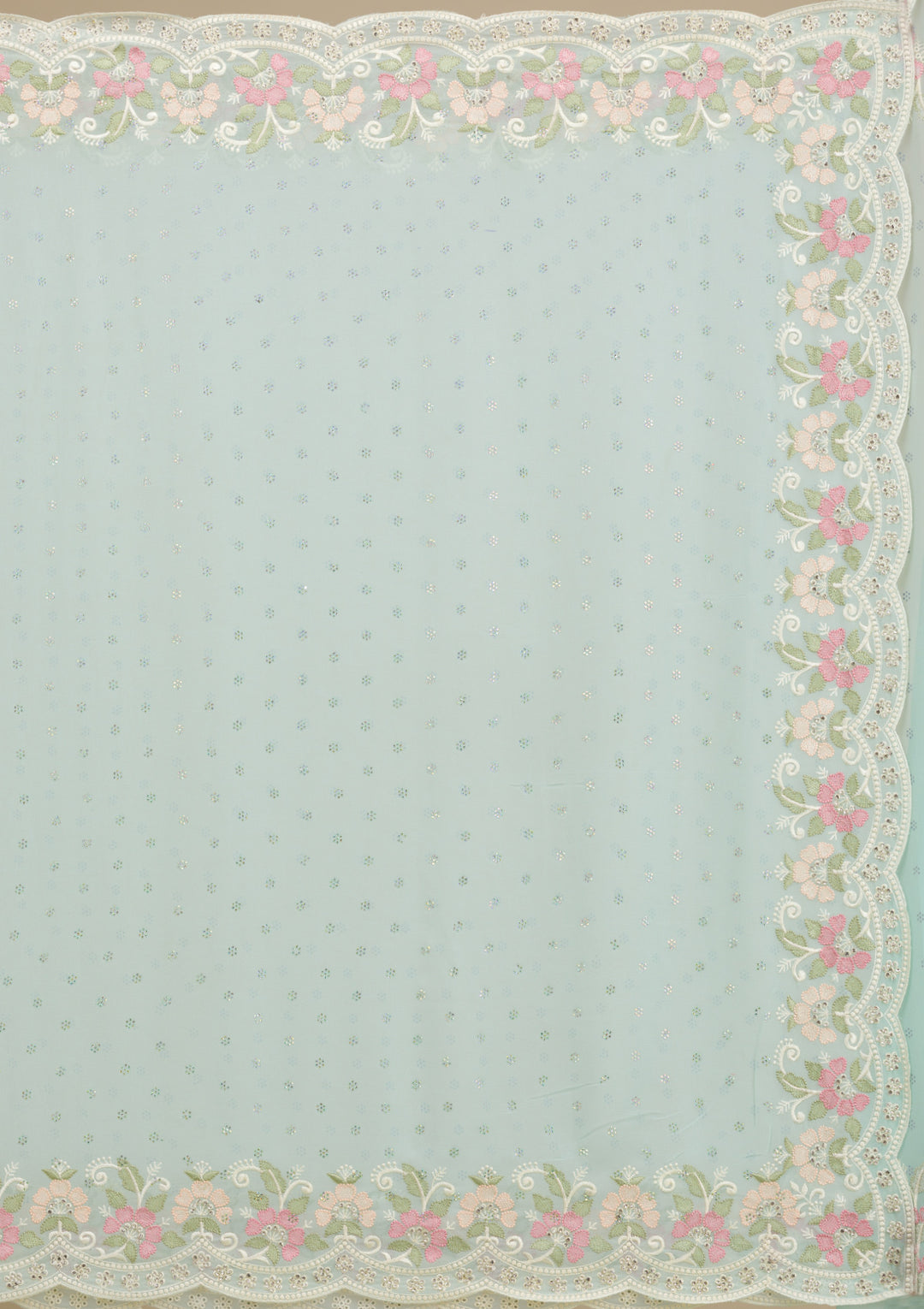 Sky Blue Georgette Threadwork Saree With Matching Blouse Piece