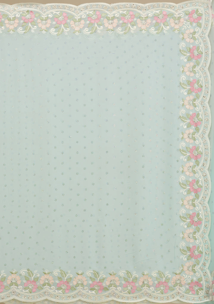 Sky Blue Georgette Threadwork Saree With Matching Blouse Piece