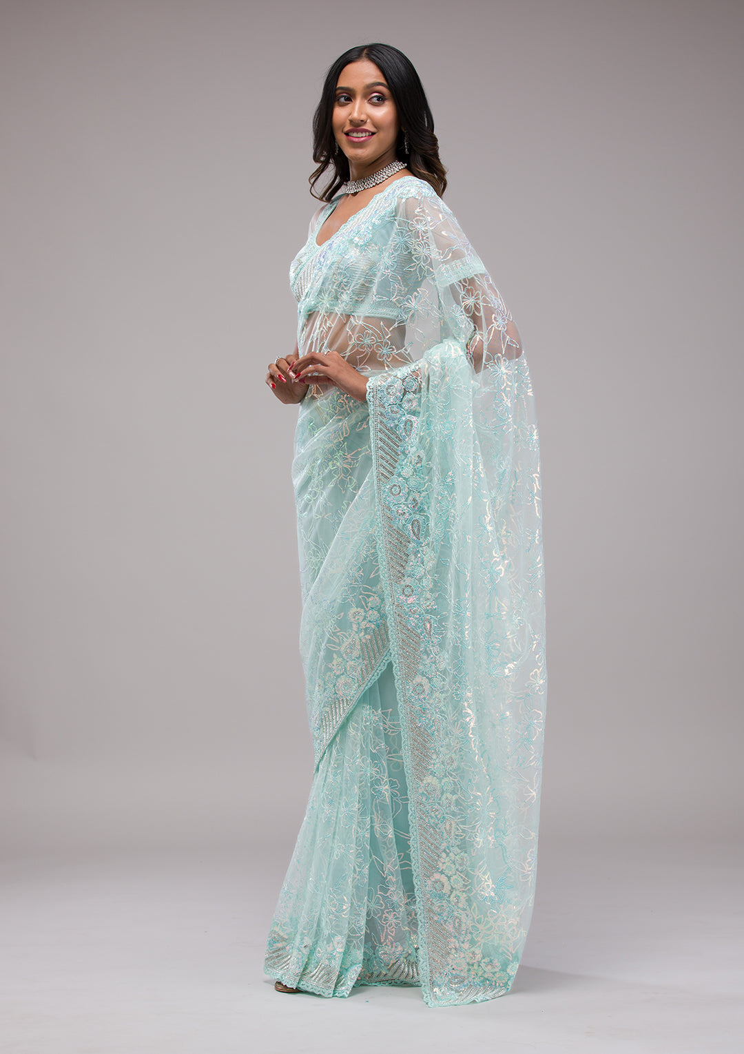 Sky Blue Sequins Net Saree