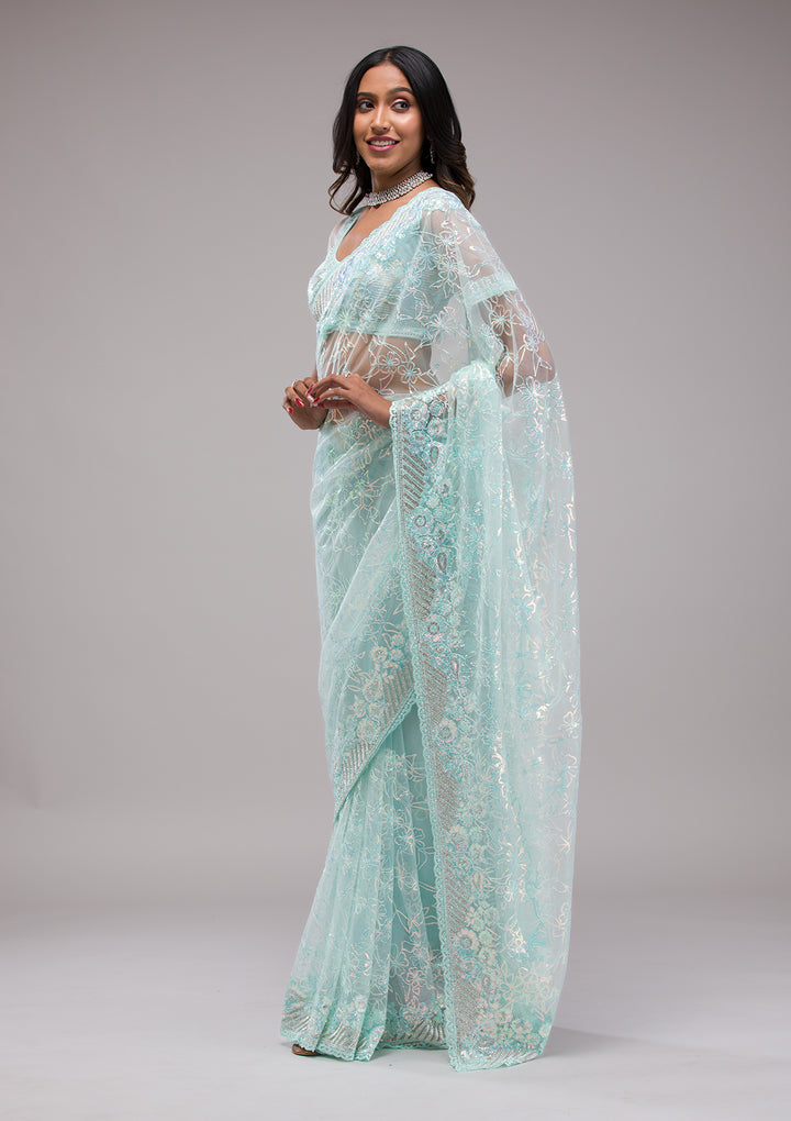 Sky Blue Sequins Net Saree