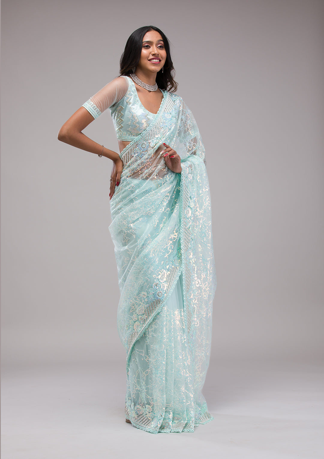 Sky Blue Sequins Net Saree
