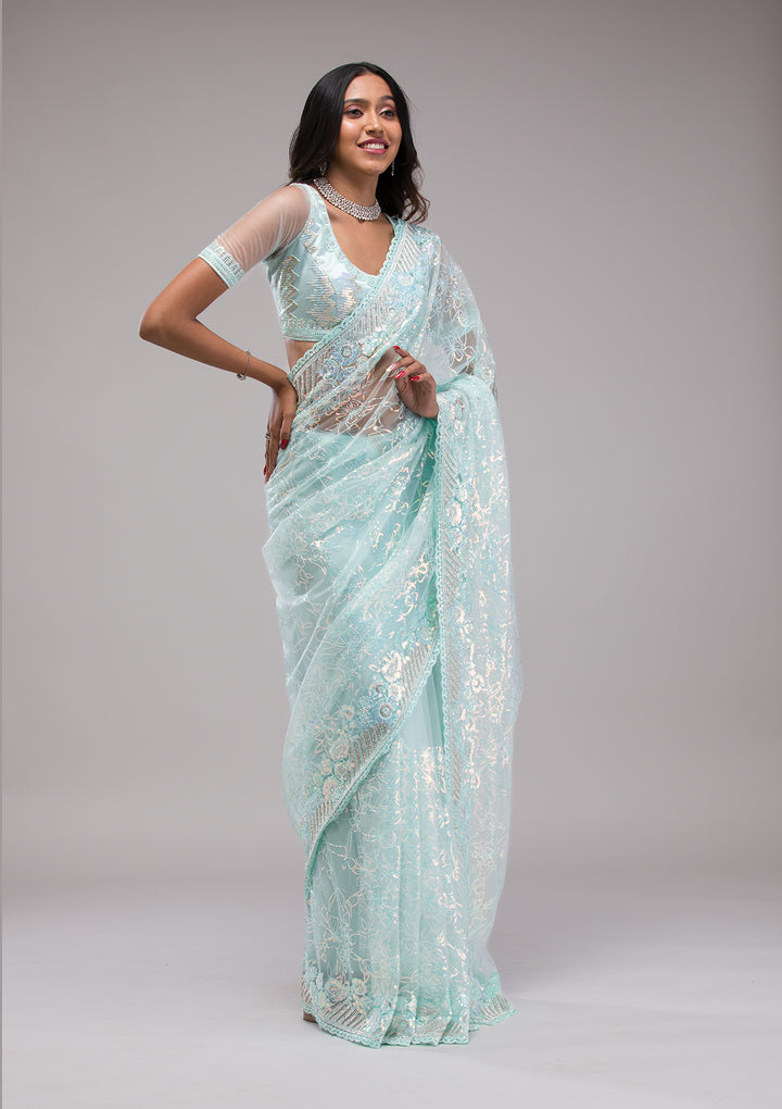 Sky Blue Sequins Net Saree