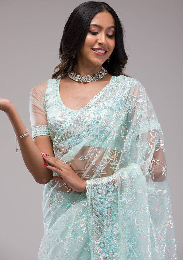 Sky Blue Sequins Net Saree