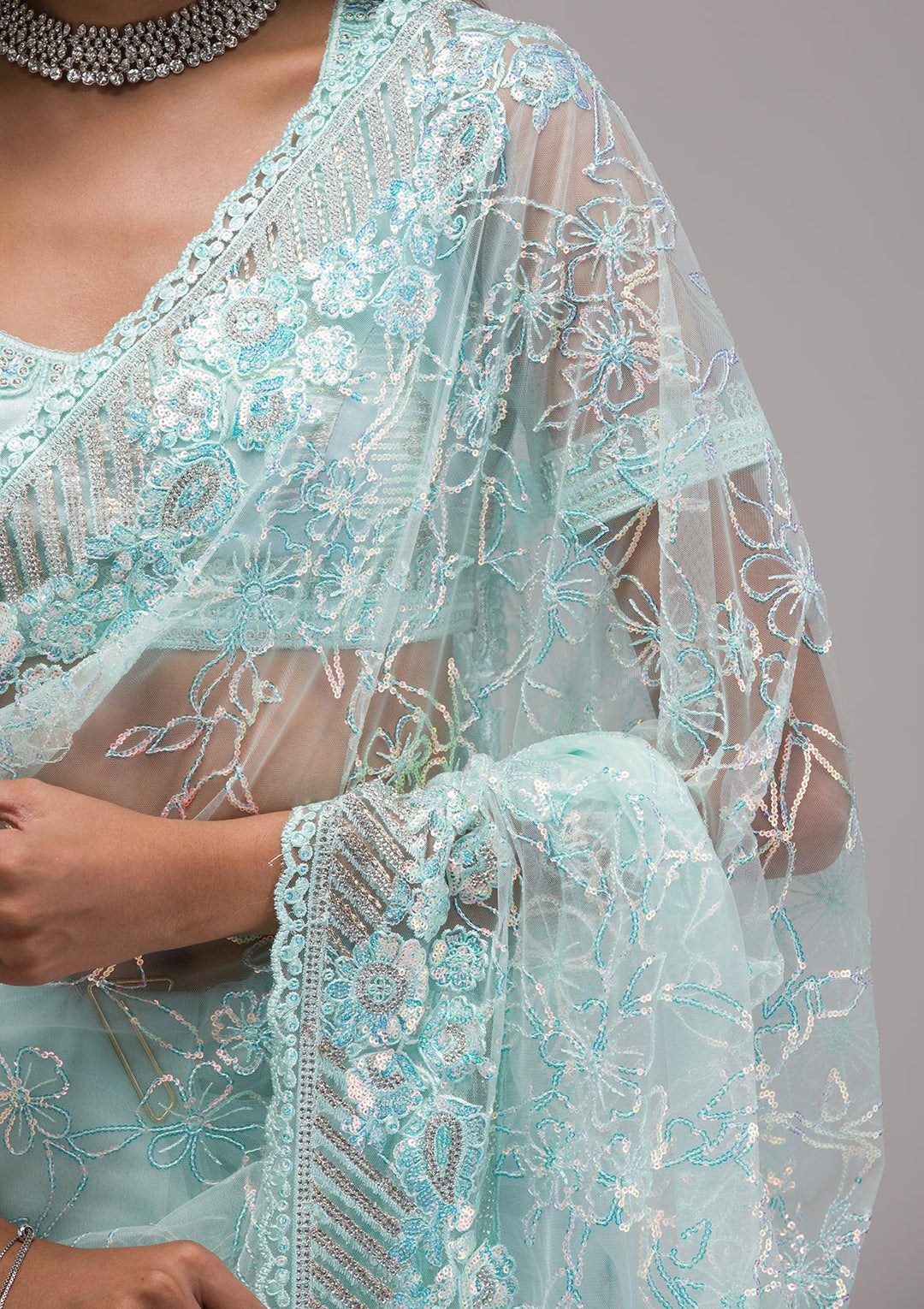 Sky Blue Sequins Net Saree
