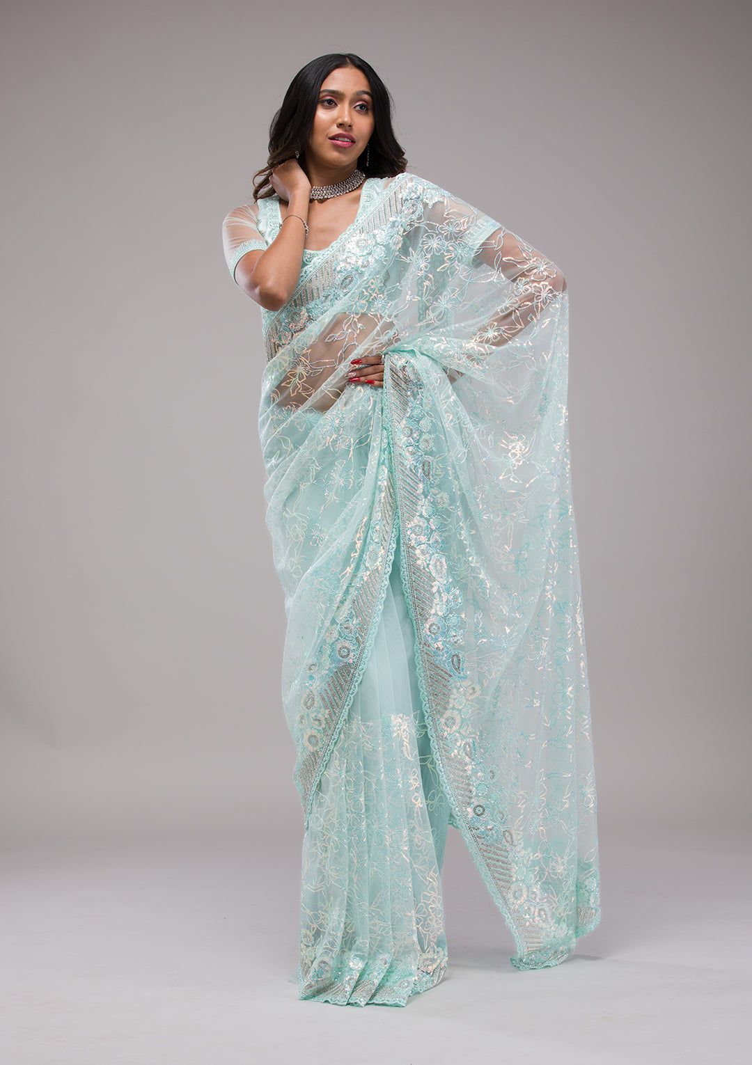 Sky Blue Sequins Net Saree