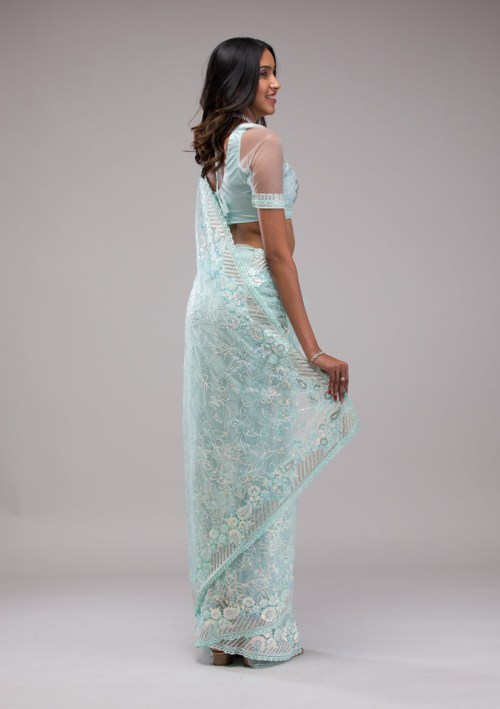 Sky Blue Sequins Net Saree