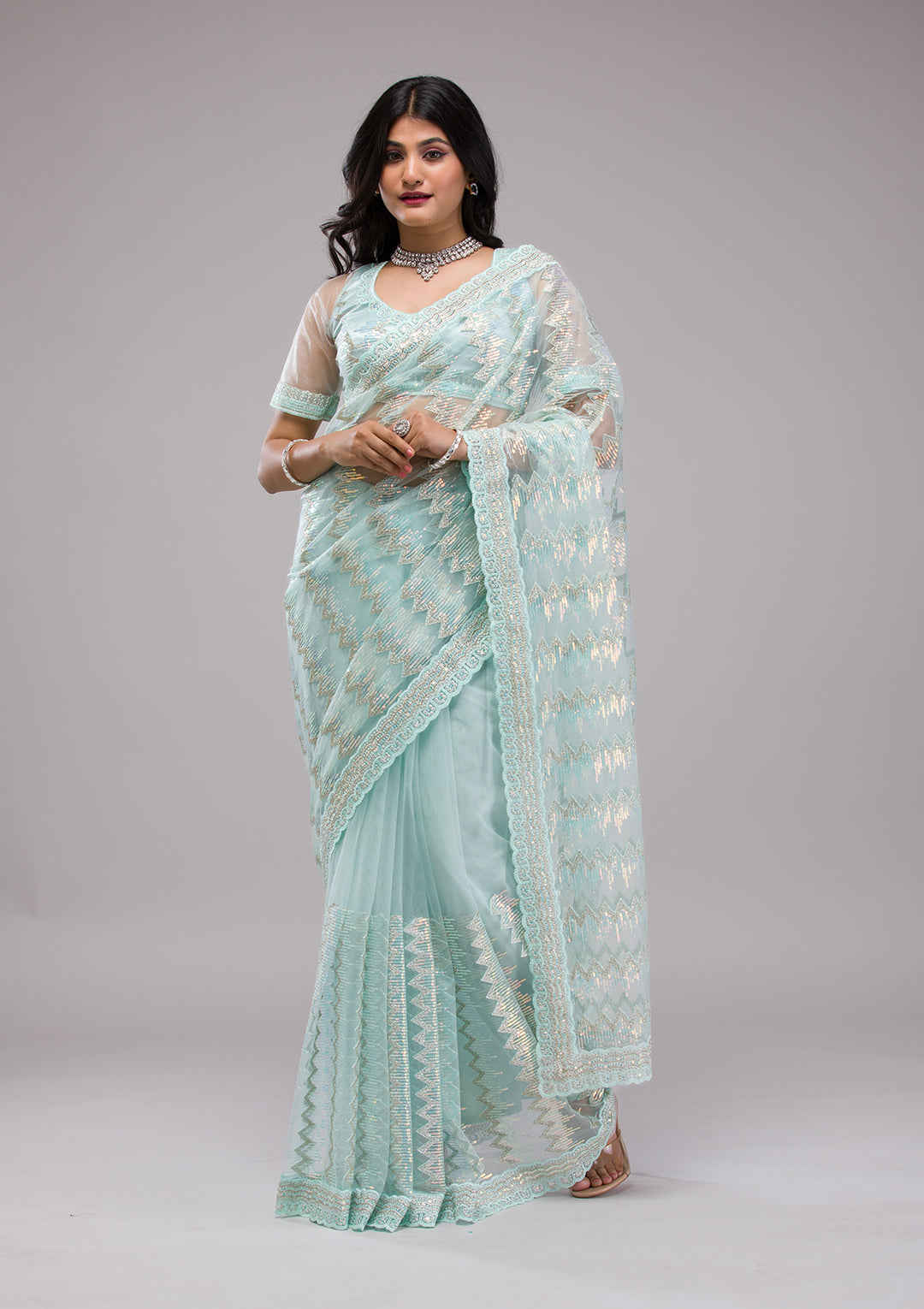 Sky Blue Sequins Net Saree