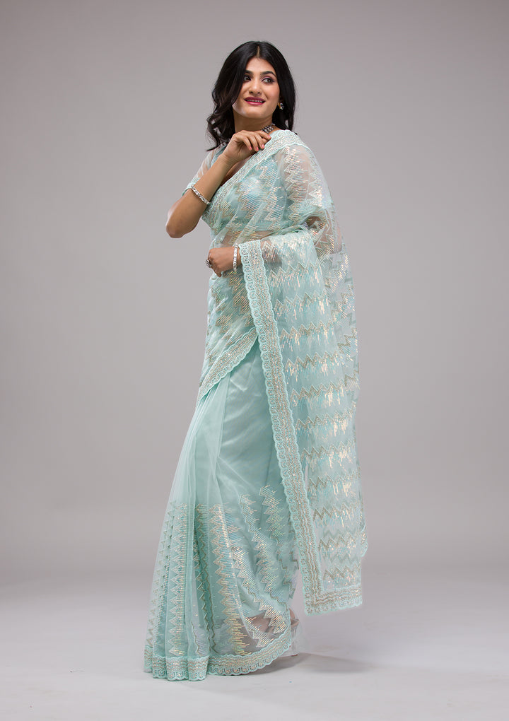 Sky Blue Sequins Net Saree