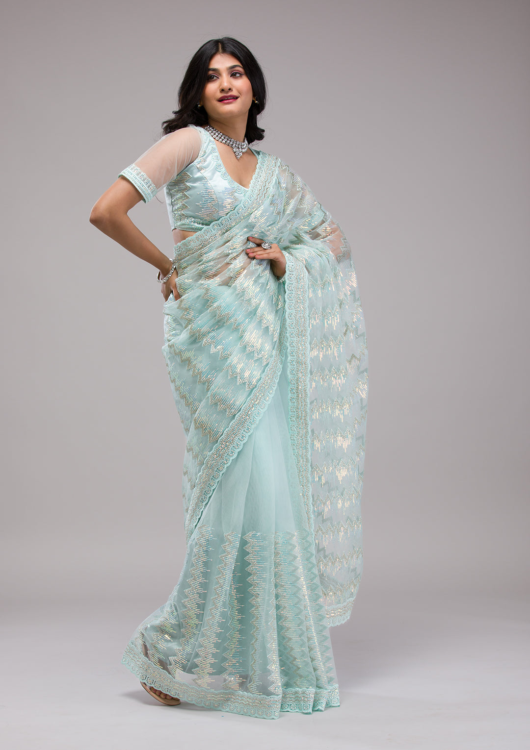 Sky Blue Sequins Net Saree