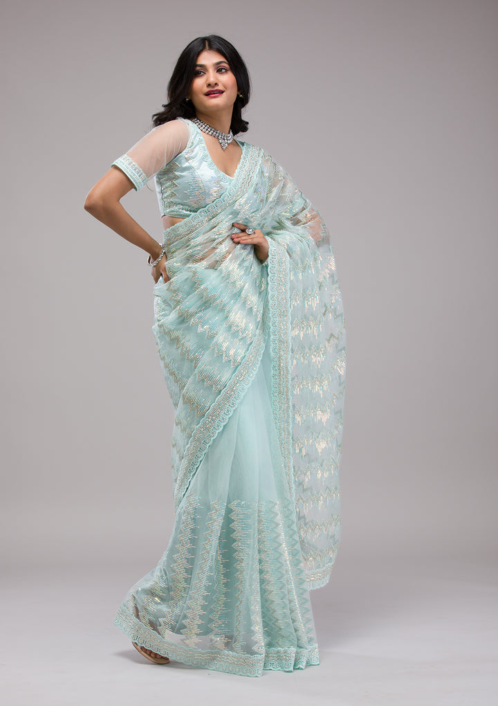 Sky Blue Sequins Net Saree