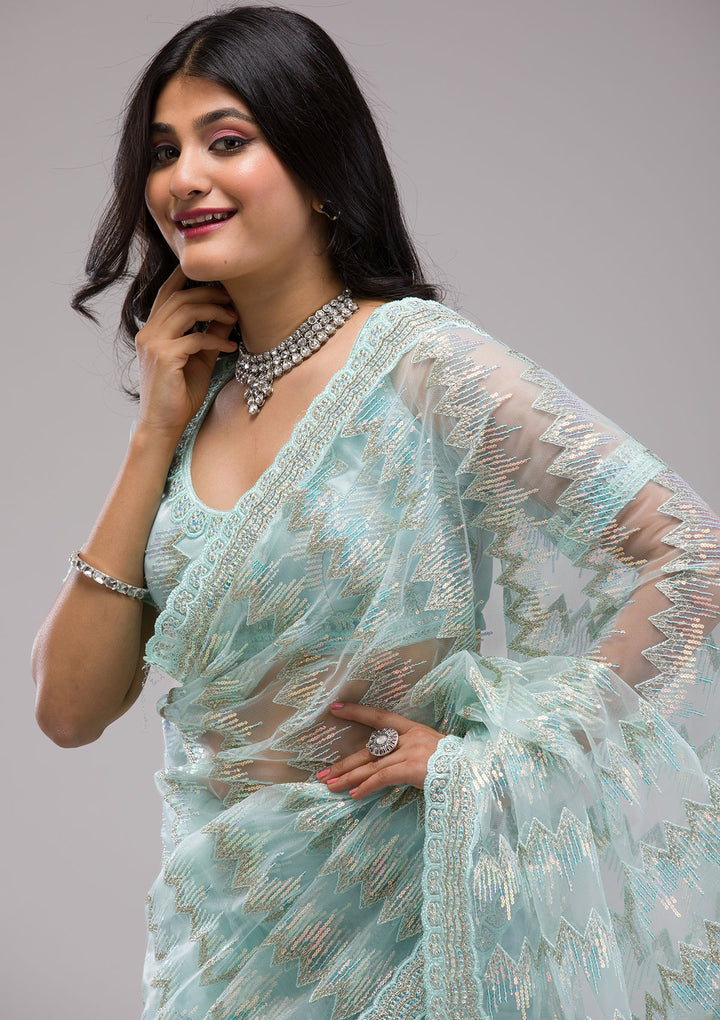 Sky Blue Sequins Net Saree
