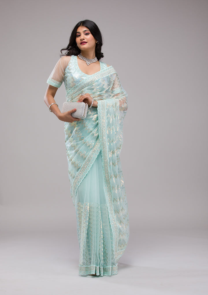 Sky Blue Sequins Net Saree