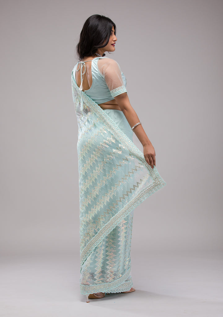 Sky Blue Sequins Net Saree