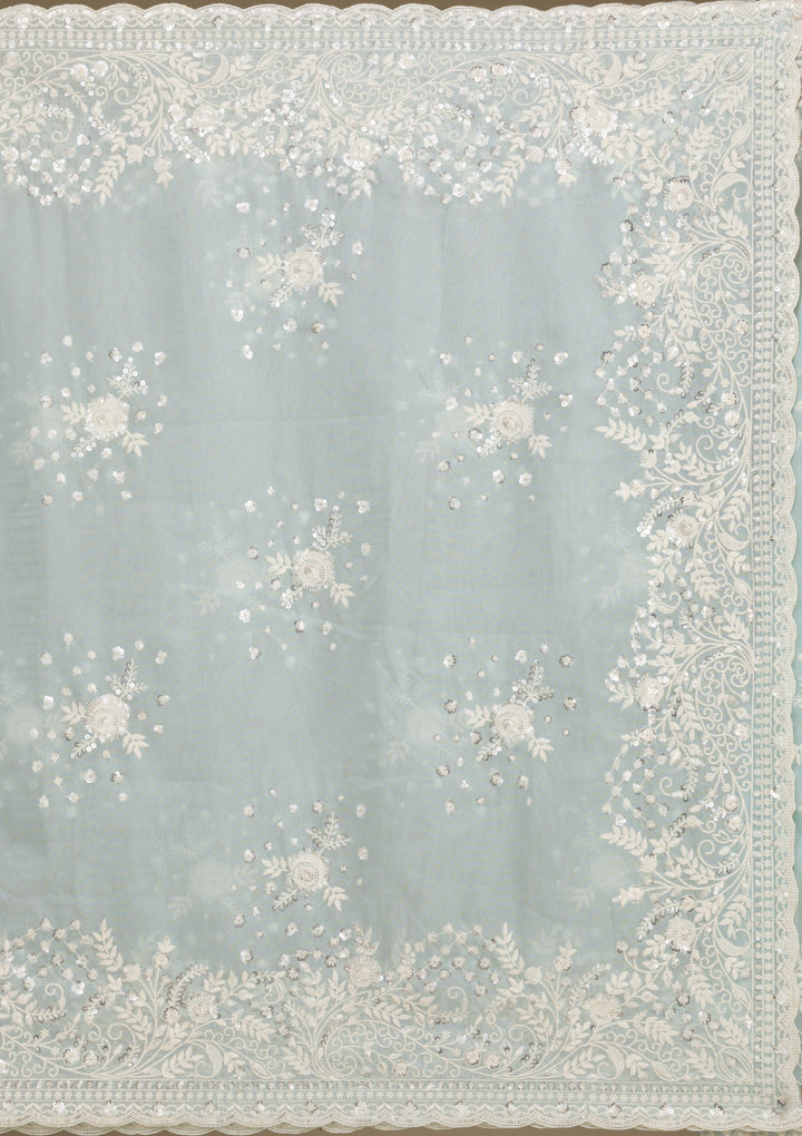 Sky Blue Tissue Sequins Saree With Matching Blouse Piece