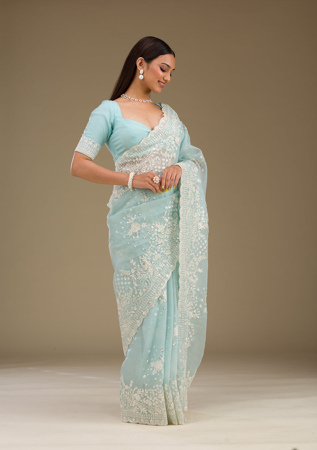 Sky Blue Tissue Sequins Saree With Matching Blouse Piece