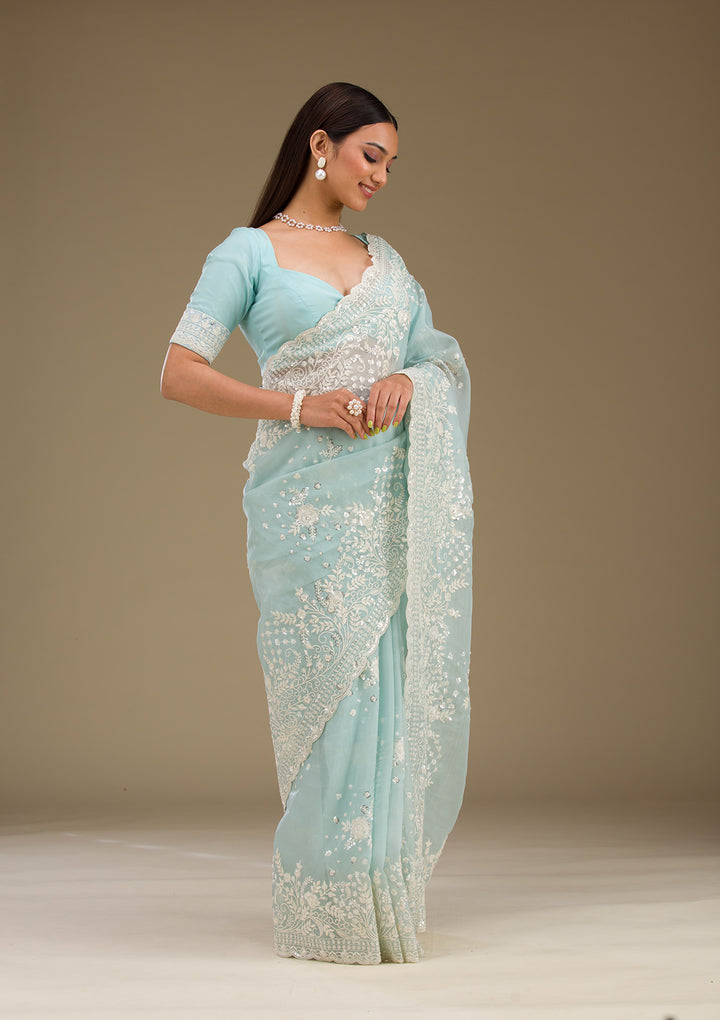 Sky Blue Tissue Sequins Saree With Matching Blouse Piece
