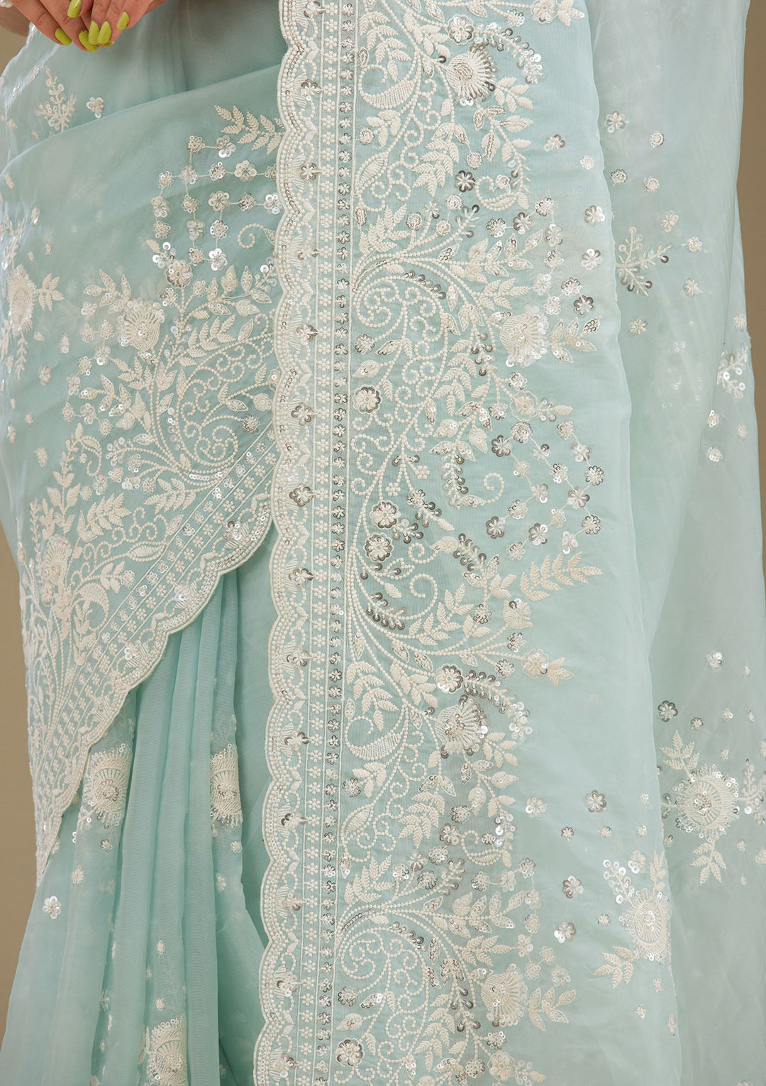 Sky Blue Tissue Sequins Saree With Matching Blouse Piece