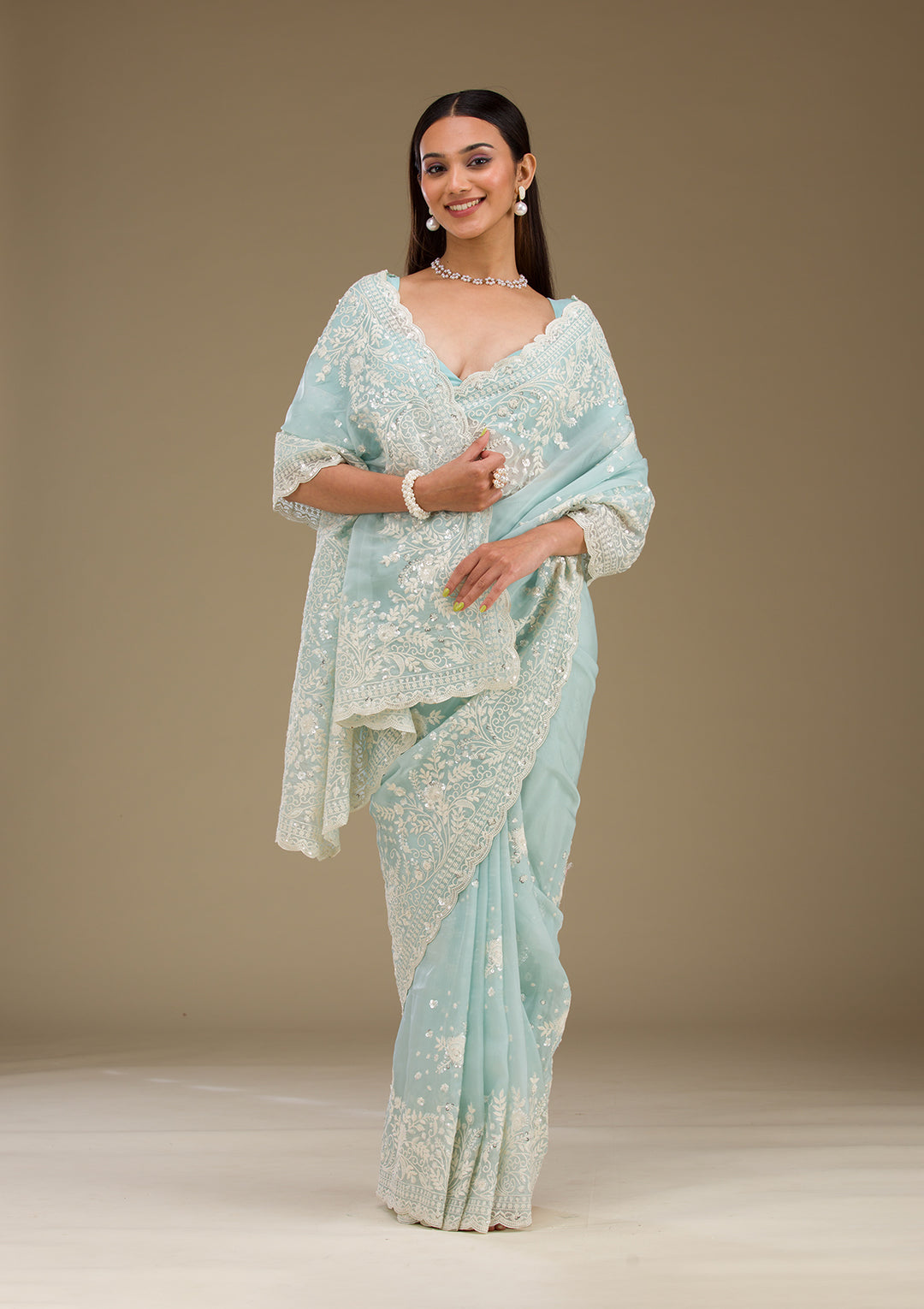 Sky Blue Tissue Sequins Saree With Matching Blouse Piece