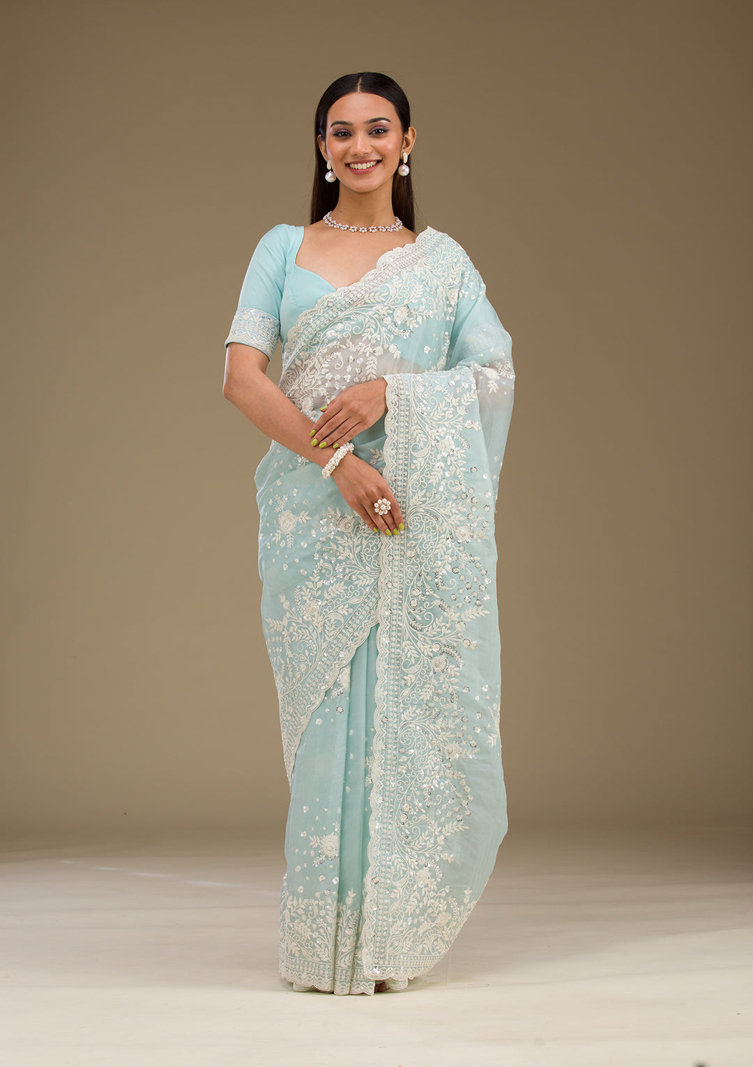 Sky Blue Tissue Sequins Saree With Matching Blouse Piece