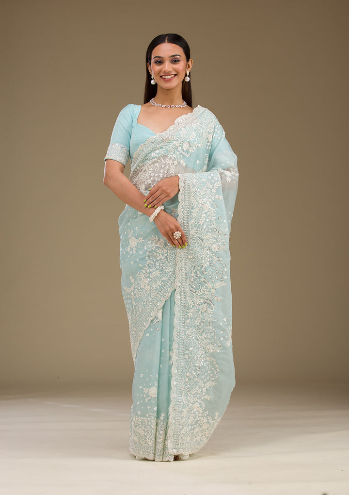 Sky Blue Tissue Sequins Saree With Matching Blouse Piece