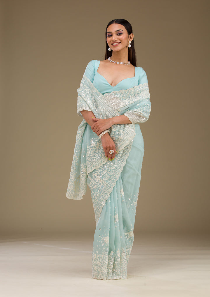 Sky Blue Tissue Sequins Saree With Matching Blouse Piece