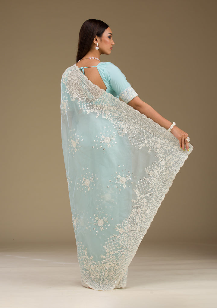 Sky Blue Tissue Sequins Saree With Matching Blouse Piece