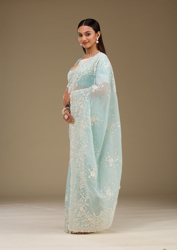 Sky Blue Tissue Sequins Saree With Matching Blouse Piece