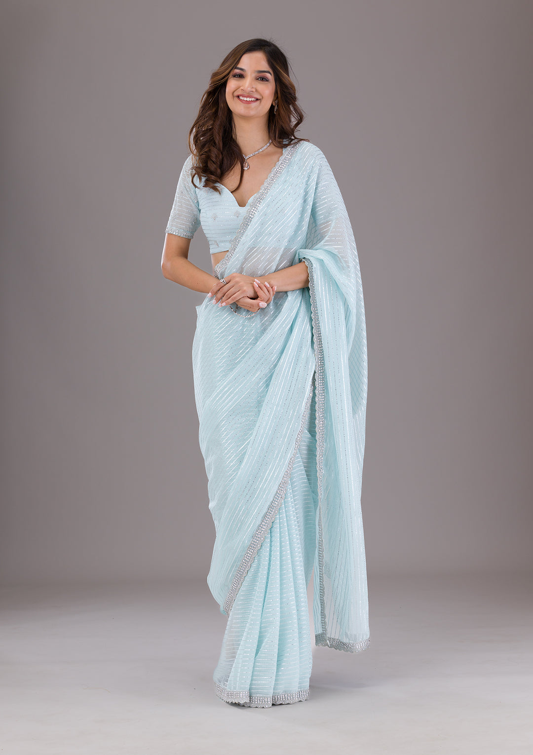 Sky Blue Georgette Silver Stonework Saree With Matching Blouse Piece
