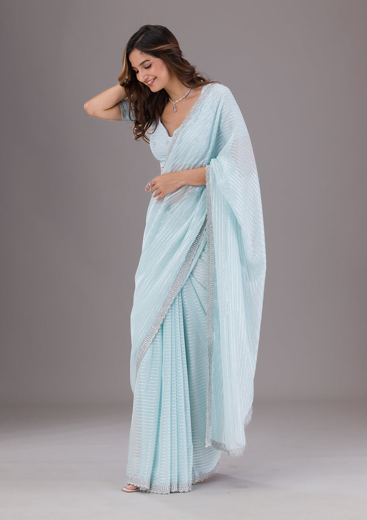 Sky Blue Georgette Silver Stonework Saree With Matching Blouse Piece