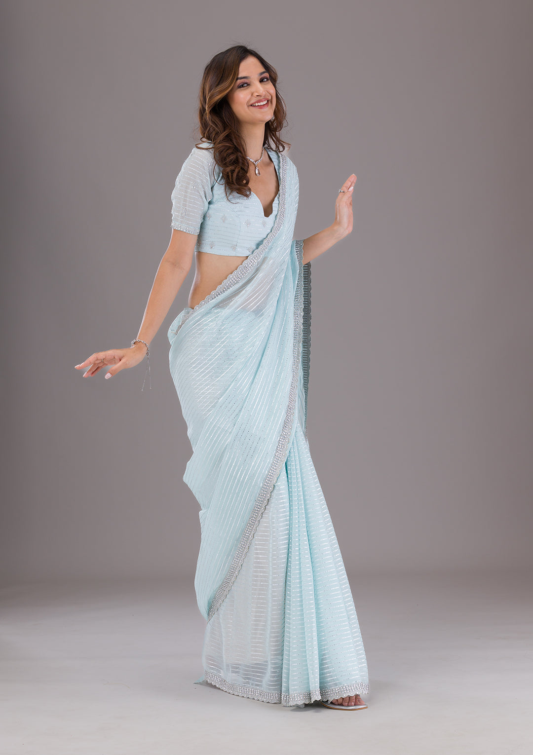 Sky Blue Georgette Silver Stonework Saree With Matching Blouse Piece