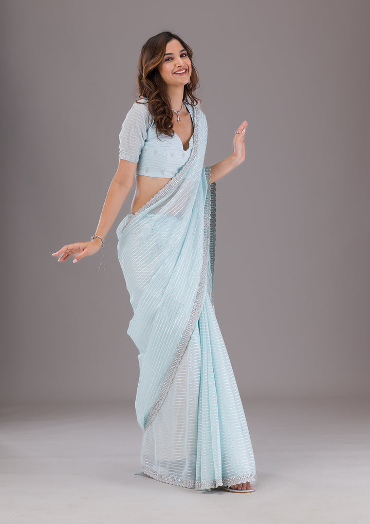 Sky Blue Georgette Silver Stonework Saree With Matching Blouse Piece