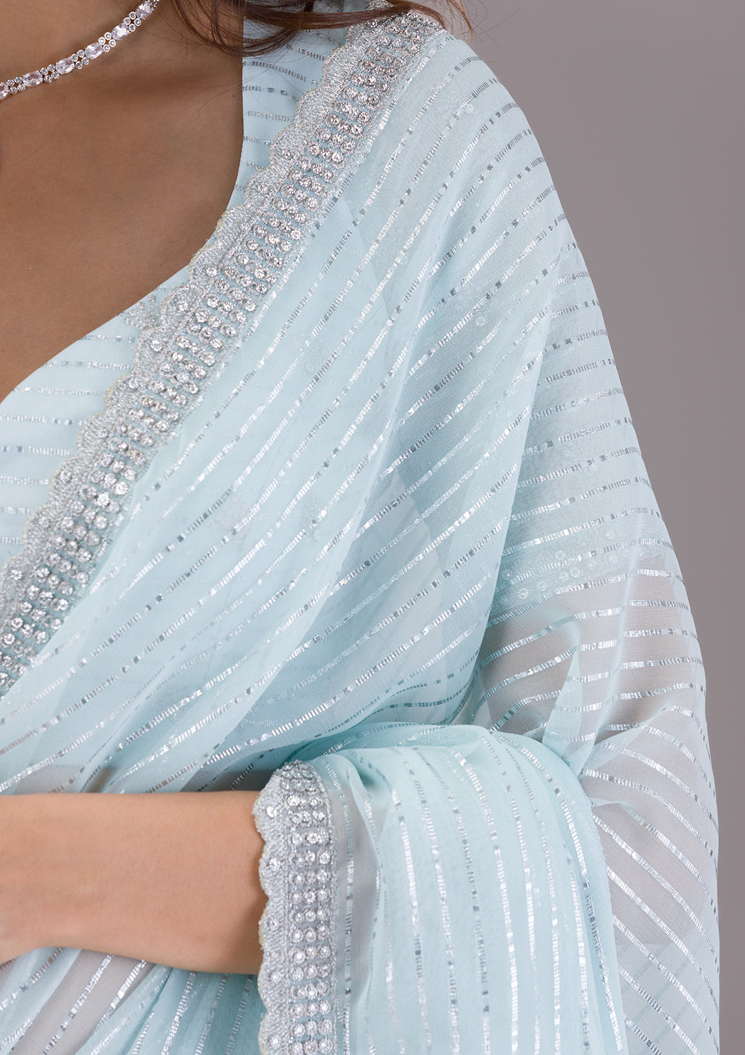 Sky Blue Georgette Silver Stonework Saree With Matching Blouse Piece