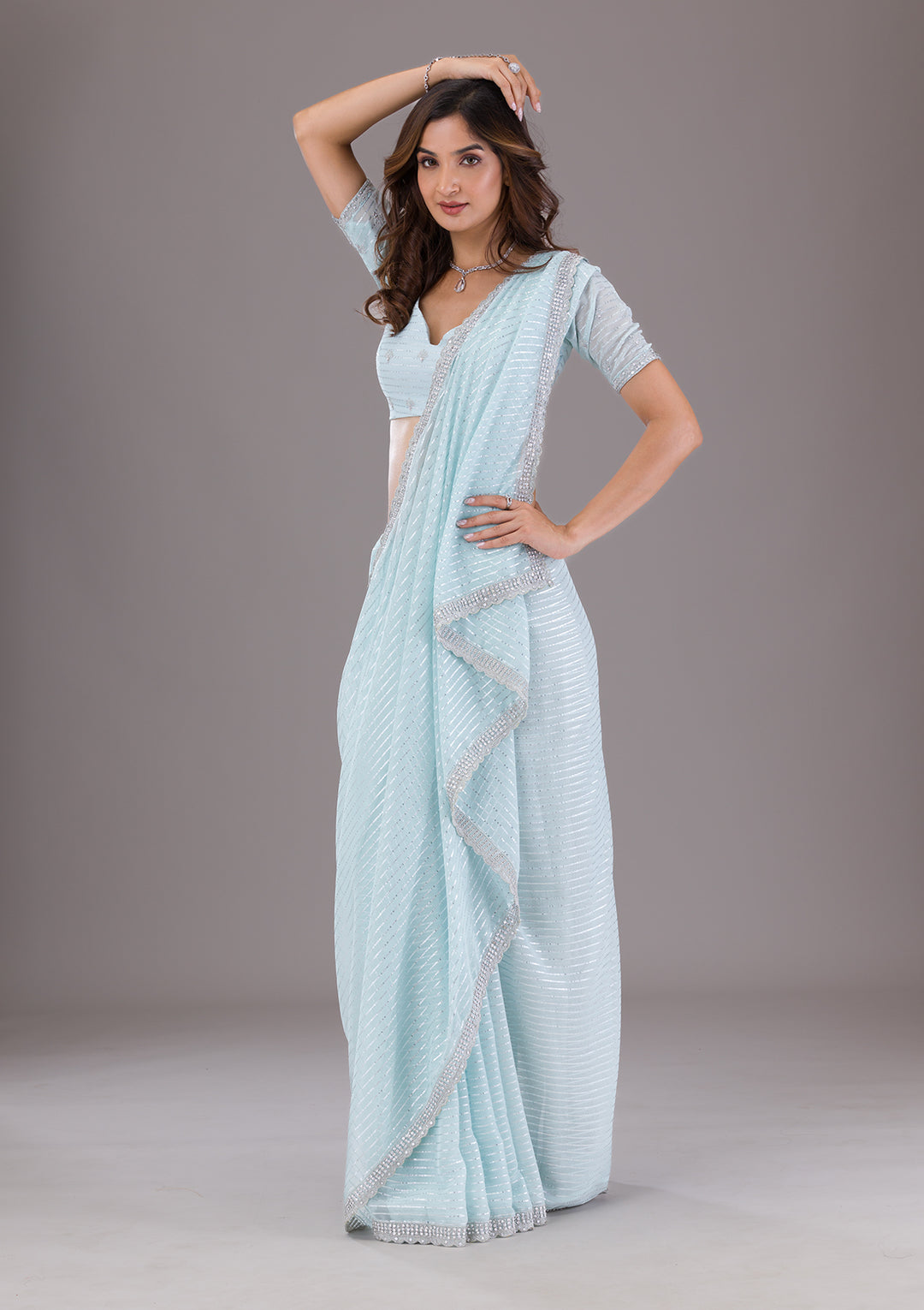 Sky Blue Georgette Silver Stonework Saree With Matching Blouse Piece