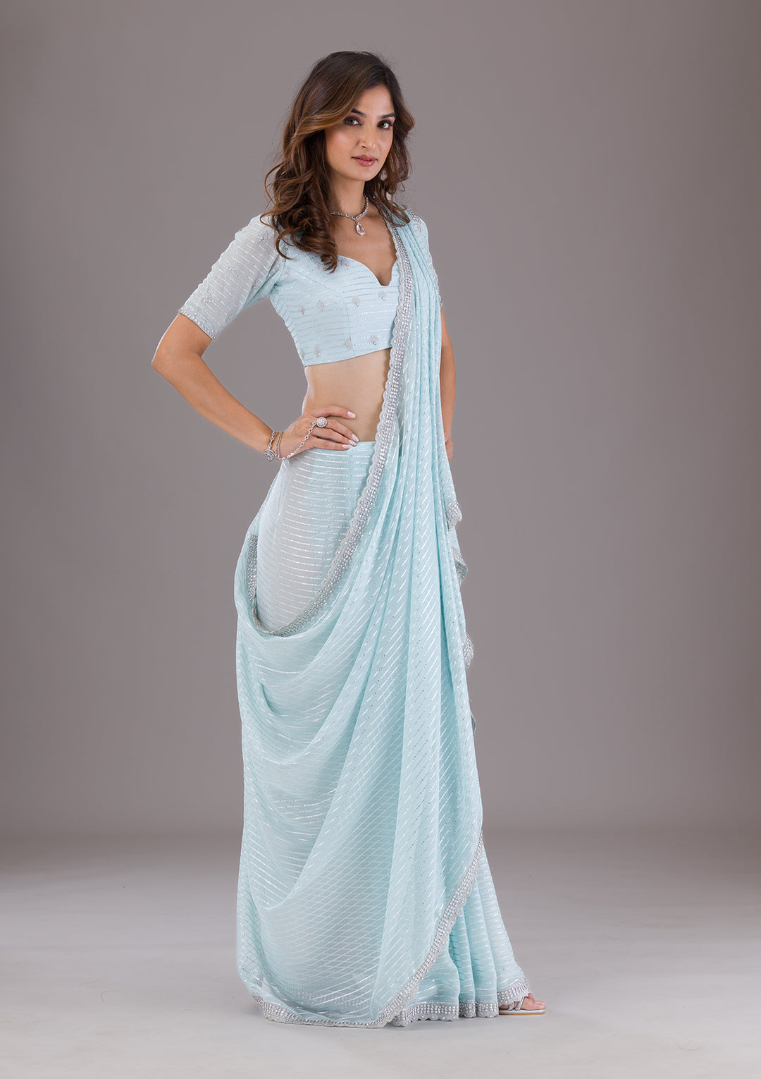 Sky Blue Georgette Silver Stonework Saree With Matching Blouse Piece