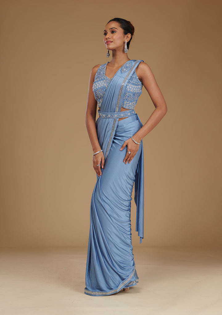 Sky Blue Satin Silver Stonework Saree With Matching Blouse Piece