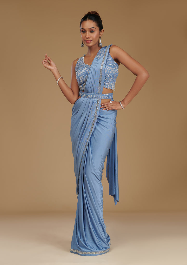 Sky Blue Satin Silver Stonework Saree With Matching Blouse Piece