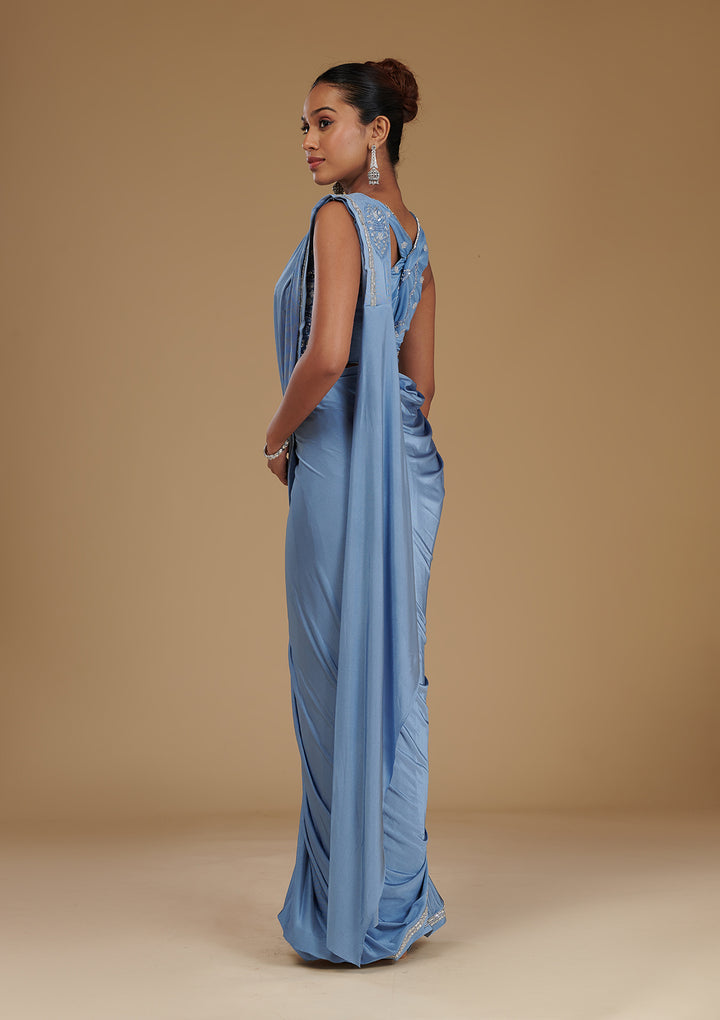 Sky Blue Satin Silver Stonework Saree With Matching Blouse Piece