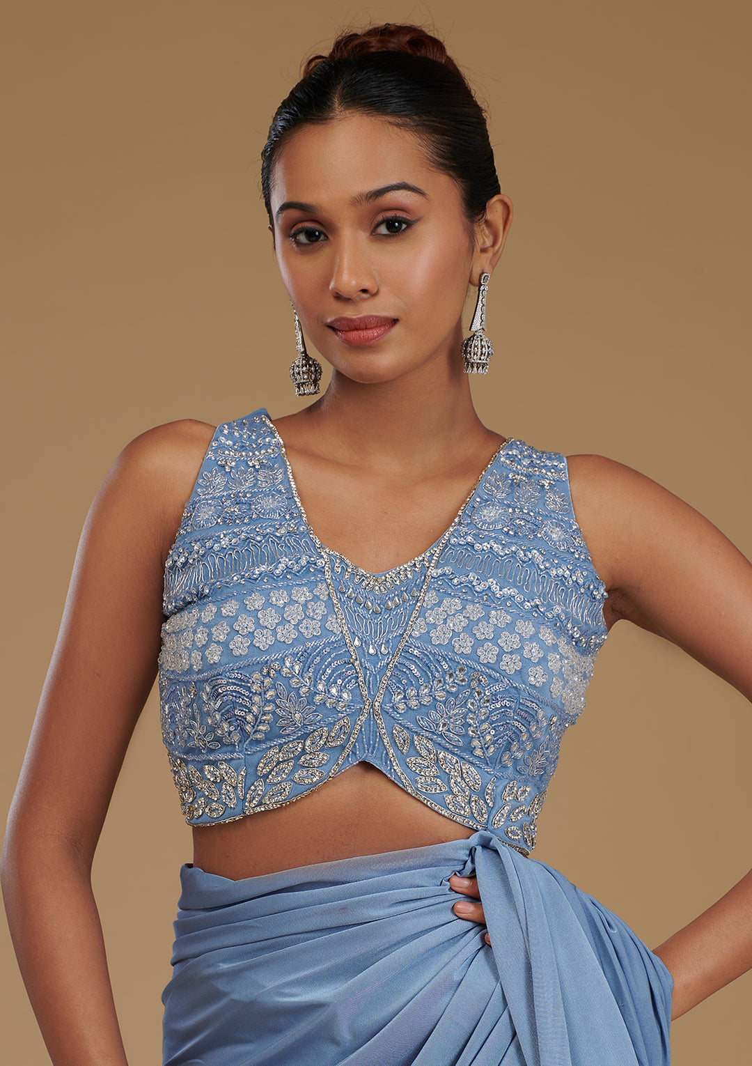 Sky Blue Satin Silver Stonework Saree With Matching Blouse Piece