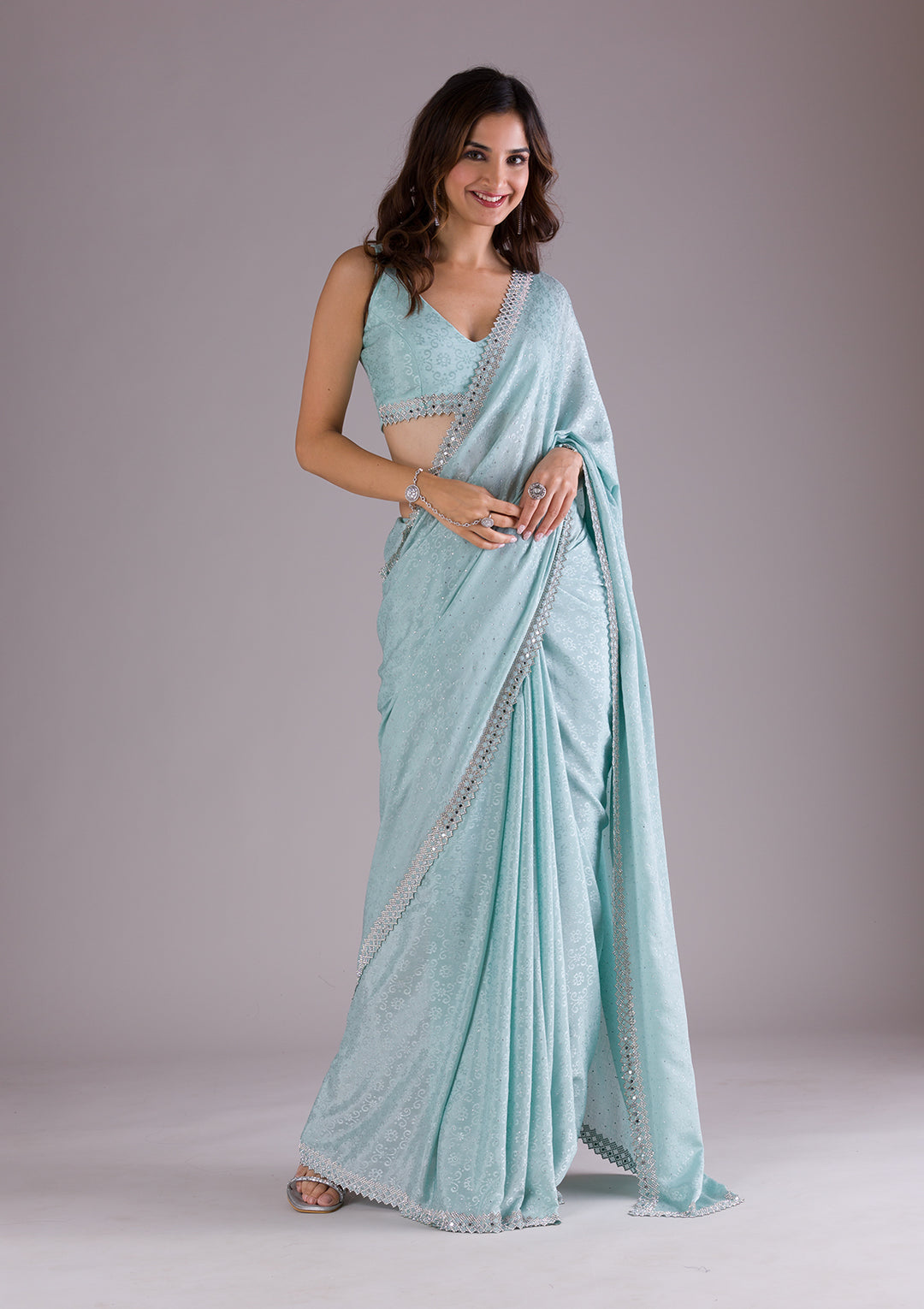 Sky Blue Stonework Semi Crepe Saree