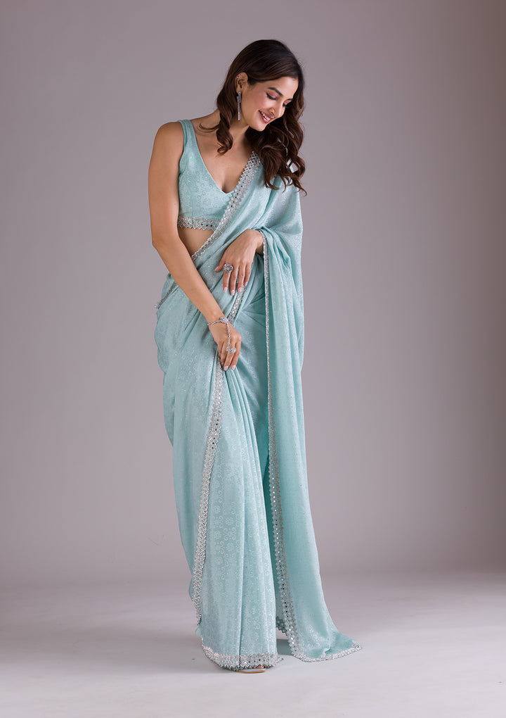 Sky Blue Stonework Semi Crepe Saree
