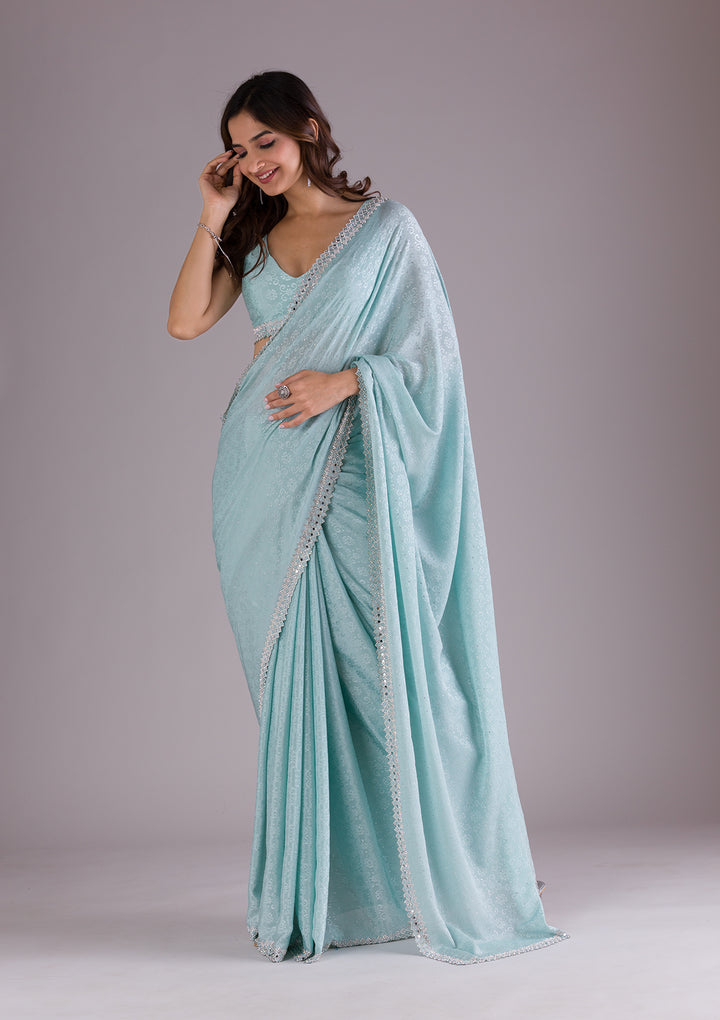 Sky Blue Stonework Semi Crepe Saree